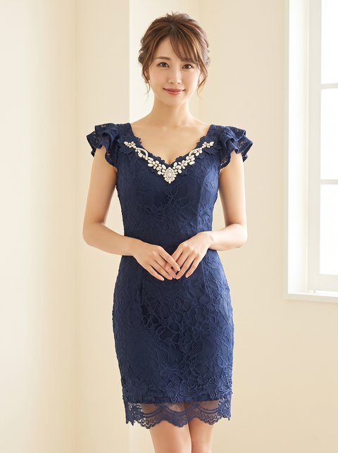 総レース フリル袖 パーティードレス（ネイビー・ブルー系・Mサイズ）| 名古屋のレンタルドレス24DRESS