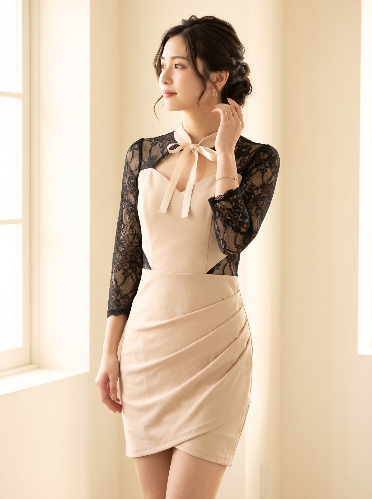 レース袖 リボンタイトパーティードレス(ブラウン・ベージュ系・Mサイズ)| 名古屋のレンタルドレス24DRESS