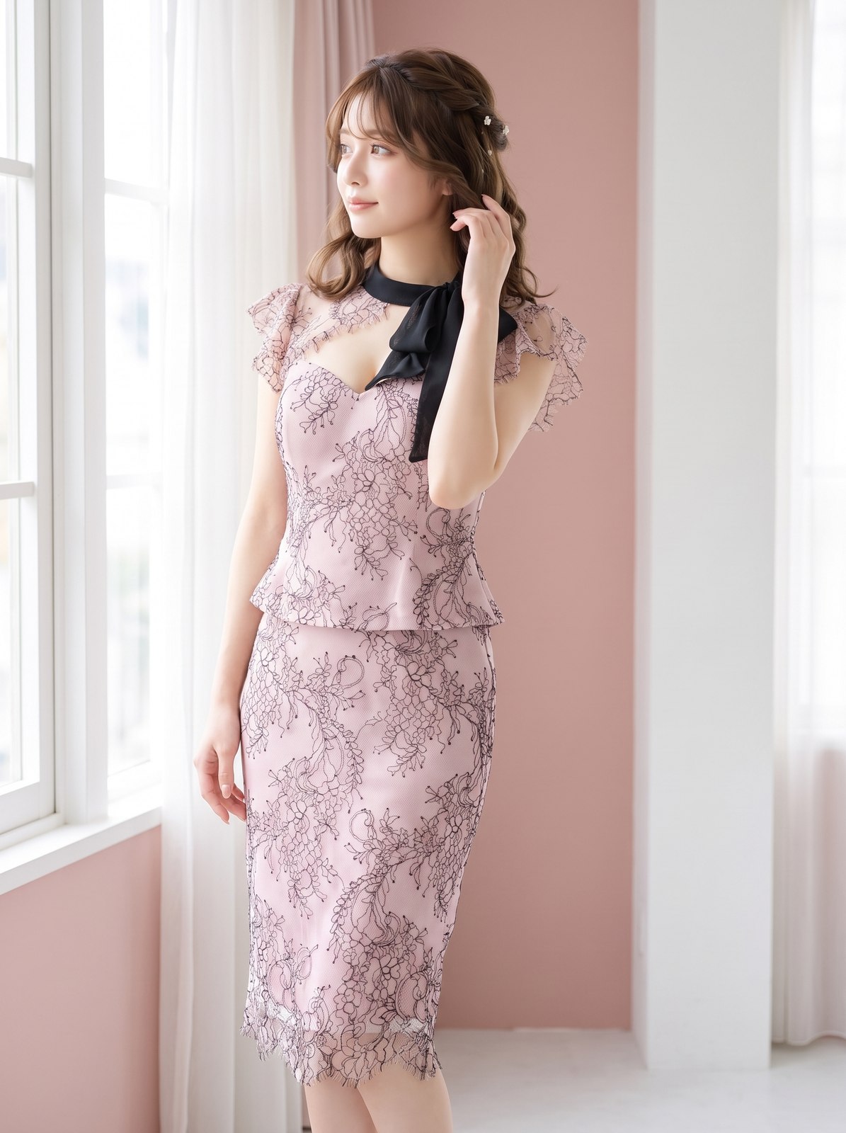 刺繍レース ペプラムパーティードレス（レッド・ピンク系・Mサイズ）| 名古屋のレンタルドレス24DRESS