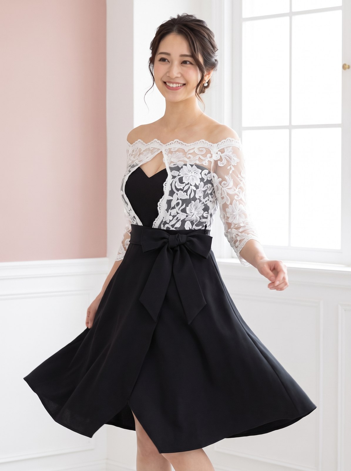 オフショルレース フレアパーティードレス（黒（ブラック）・Mサイズ）| 名古屋のレンタルドレス24DRESS