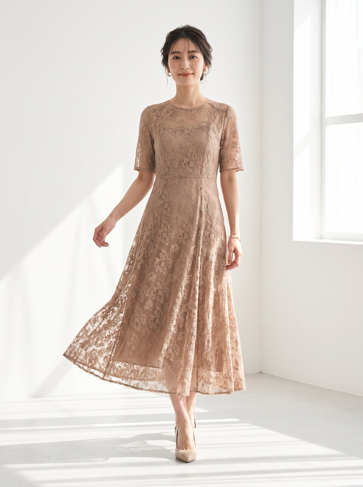 総レース フレアパーティードレス(ブラウン・ベージュ系・Mサイズ)| 名古屋のレンタルドレス24DRESS
