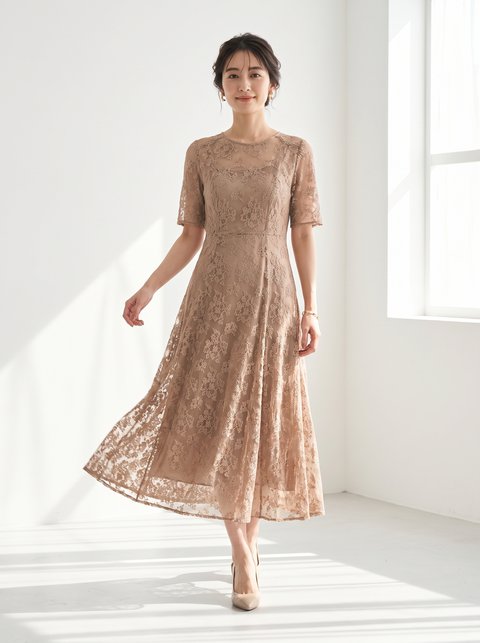 総レース フレアパーティードレス(ブラウン・ベージュ系・Mサイズ)| 名古屋のレンタルドレス24DRESS