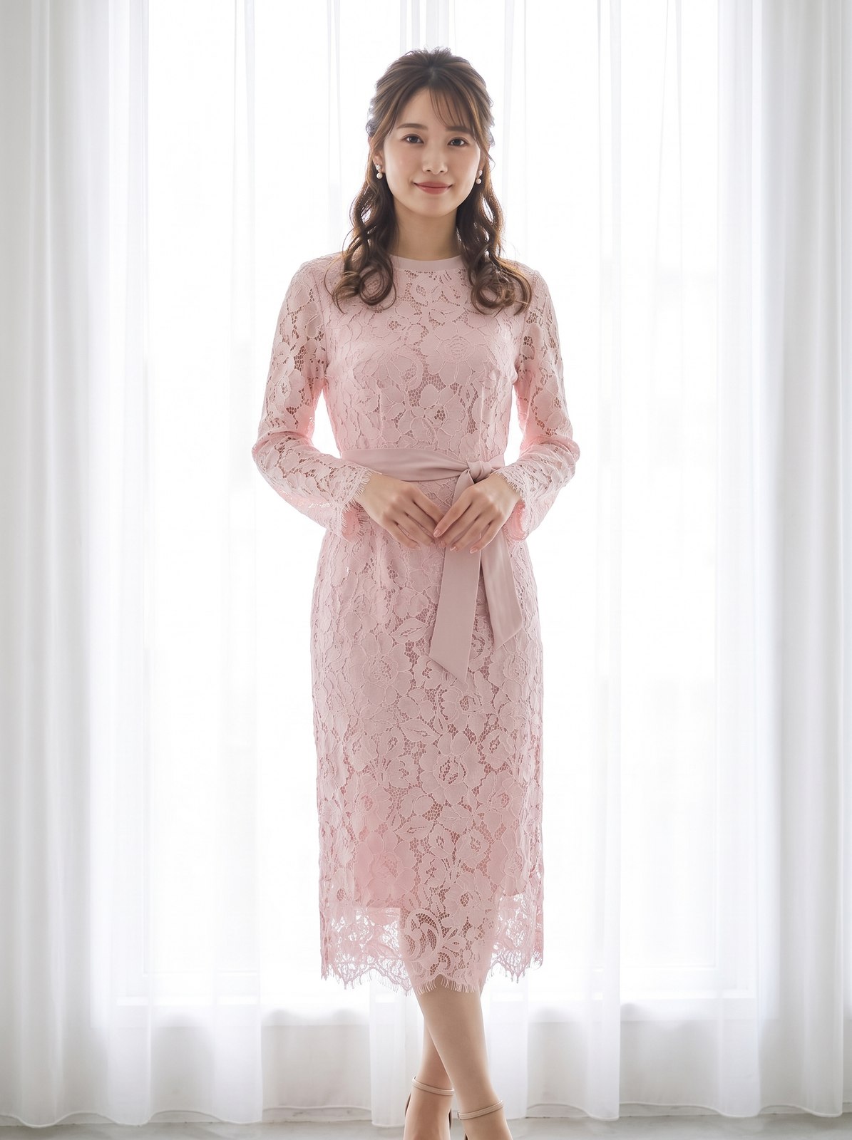 総レース リボンタイトパーティードレス(レッド・ピンク系・Mサイズ)| 名古屋のレンタルドレス24DRESS