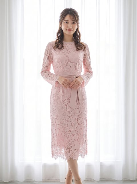 総レース リボンタイトパーティードレス（レッド・ピンク系・Mサイズ）| 名古屋のレンタルドレス24DRESS