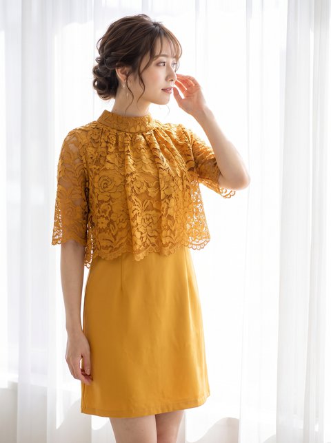 レースケープ風 パーティードレス（イエロー・オレンジ系・Mサイズ）| 名古屋のレンタルドレス24DRESS