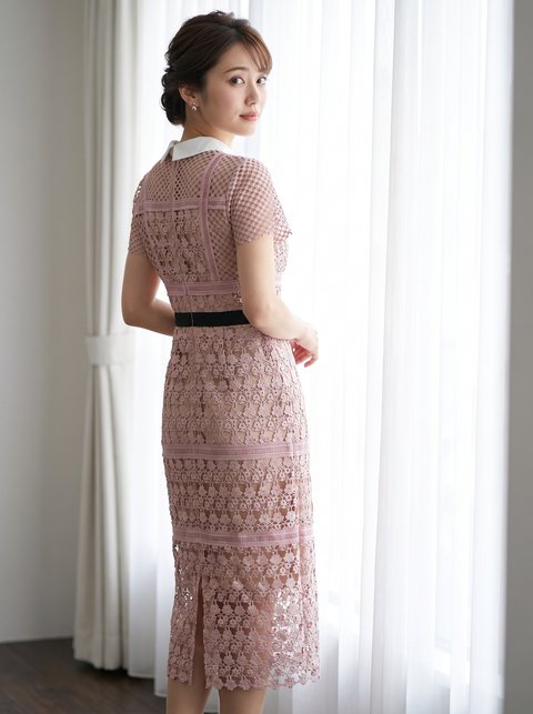 編み上げレース 襟付きパーティードレス(レッド・ピンク系・Mサイズ)| 名古屋のレンタルドレス24DRESS