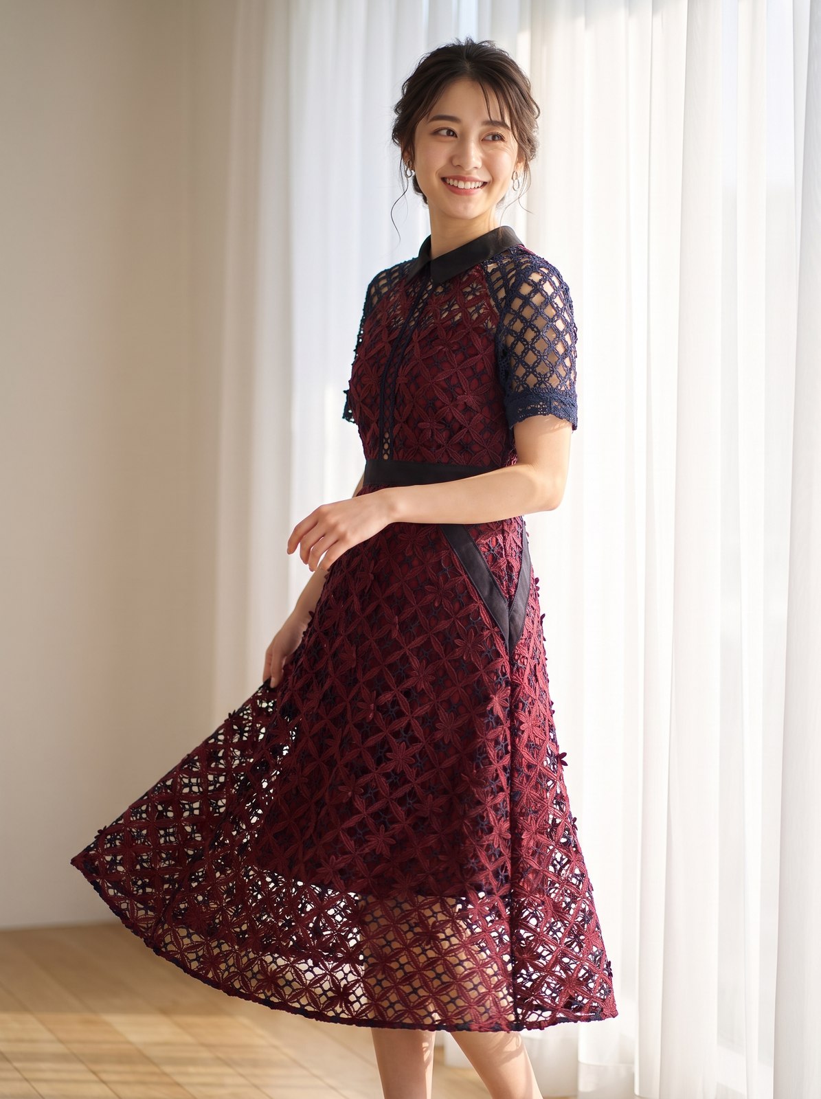 編み上げレース 襟付きパーティードレス（レッド・ピンク系・Mサイズ）| 名古屋のレンタルドレス24DRESS