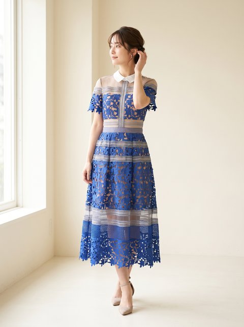 編み上げレース 襟付きパーティードレス（ネイビー・ブルー系・Mサイズ）| 名古屋のレンタルドレス24DRESS