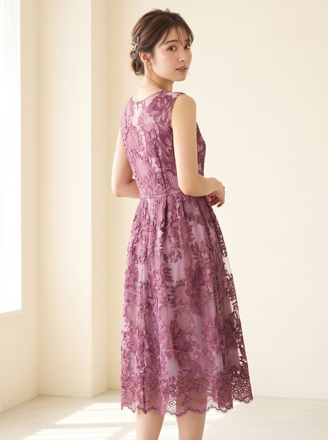 総レース フレアパーティードレス(レッド・ピンク系・Mサイズ)| 名古屋のレンタルドレス24DRESS