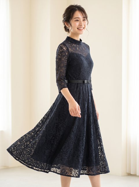 レース切り替え フレアパーティードレス（黒（ブラック）・Mサイズ）| 名古屋のレンタルドレス24DRESS