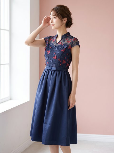 総レース ハイネックパーティードレス(ネイビー・ブルー系・Sサイズ)| 名古屋のレンタルドレス24DRESS