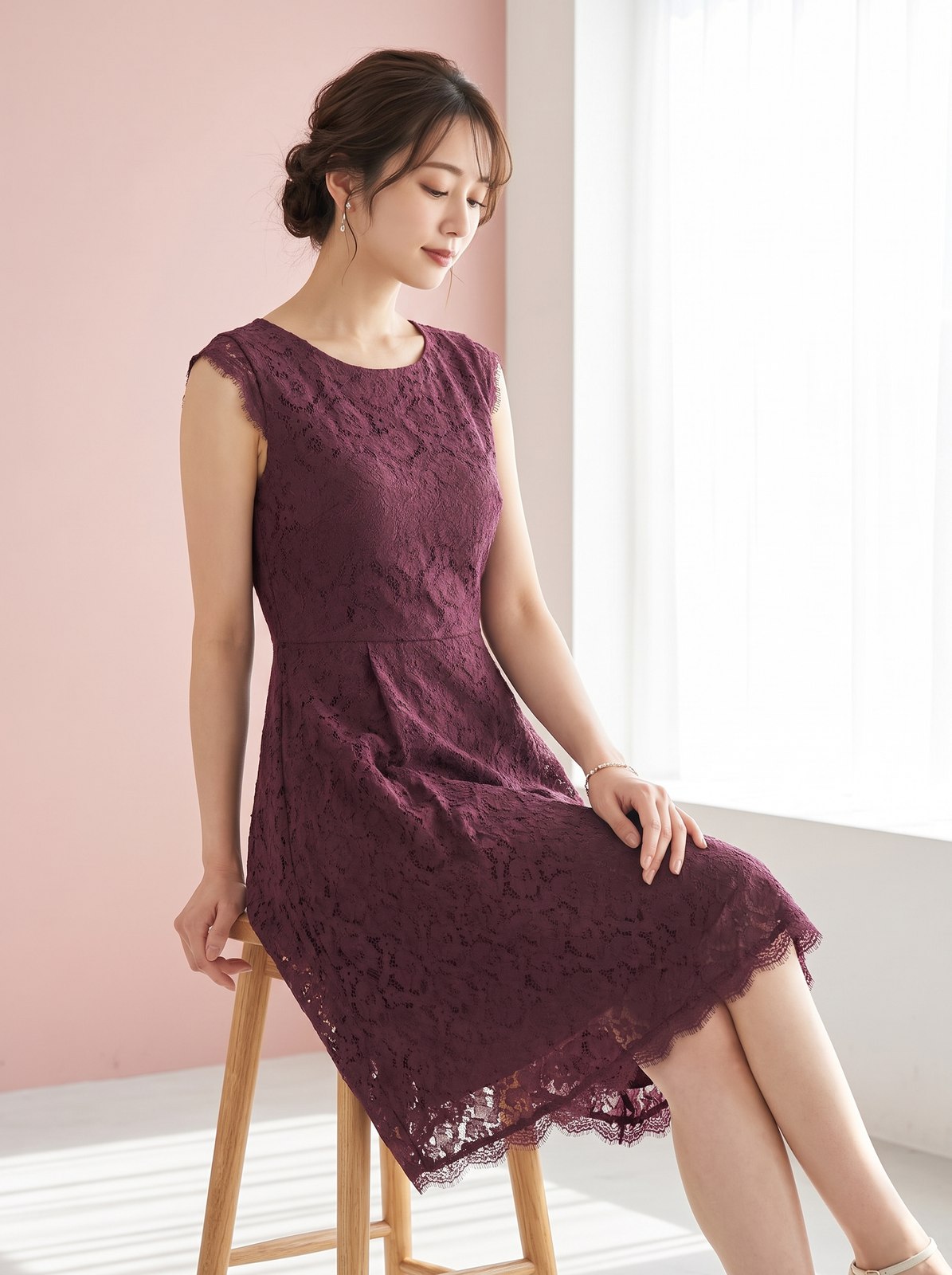 総レース フレアパーティードレス（レッド・ピンク系・Mサイズ）| 名古屋のレンタルドレス24DRESS