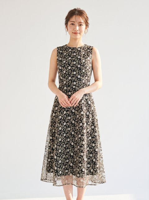 花柄刺繍レース フレアパーティードレス(黒(ブラック)・Mサイズ)| 名古屋のレンタルドレス24DRESS