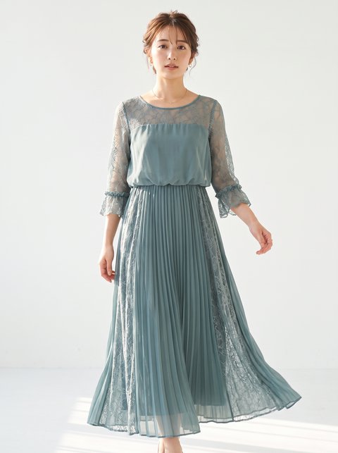 袖口フリルレース プリーツロングドレス（その他・XLサイズ）| 名古屋のレンタルドレス24DRESS