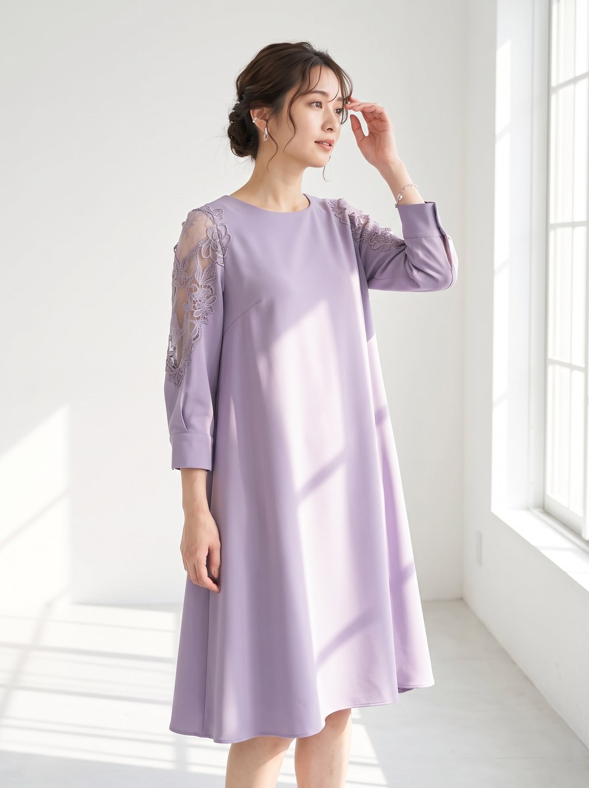 袖チュールレースサックワンピース（パープル系・Mサイズ）| 名古屋のレンタルドレス24DRESS