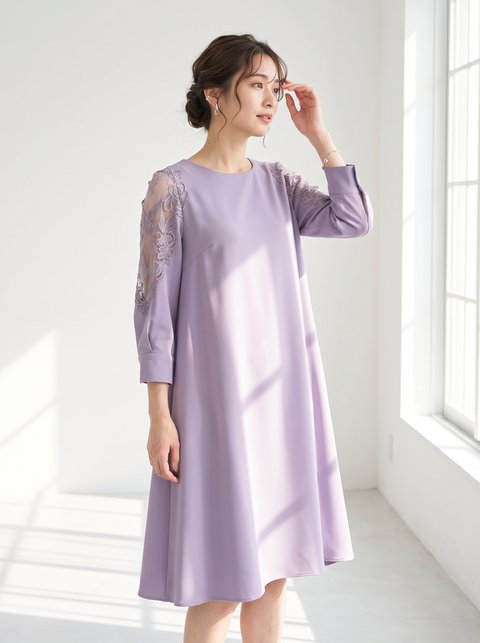 袖チュールレースサックワンピース（パープル系・Mサイズ）| 名古屋のレンタルドレス24DRESS