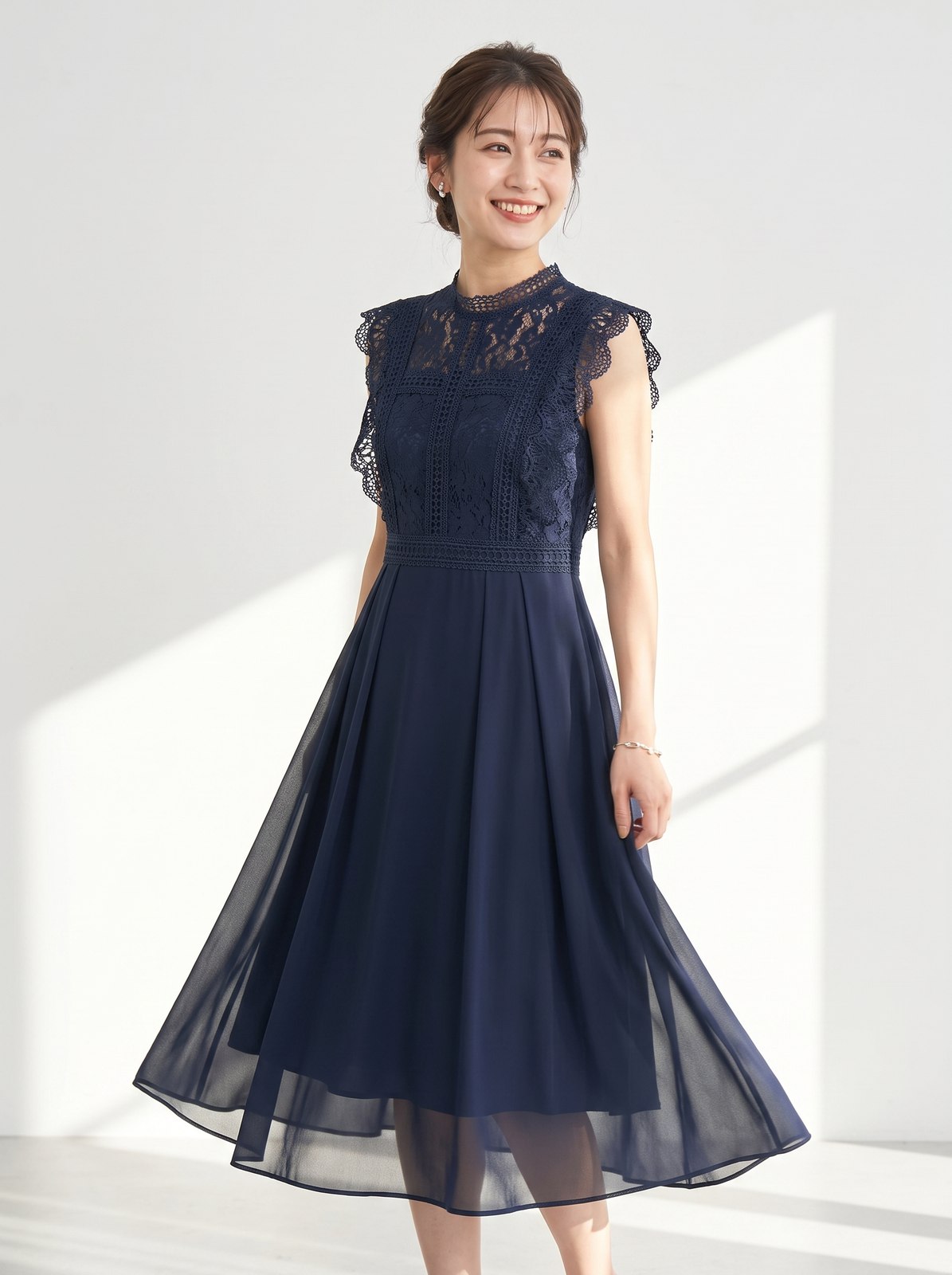 マルチレース＆シフォンドレス（ネイビー・ブルー系・Mサイズ）| 名古屋のレンタルドレス24DRESS