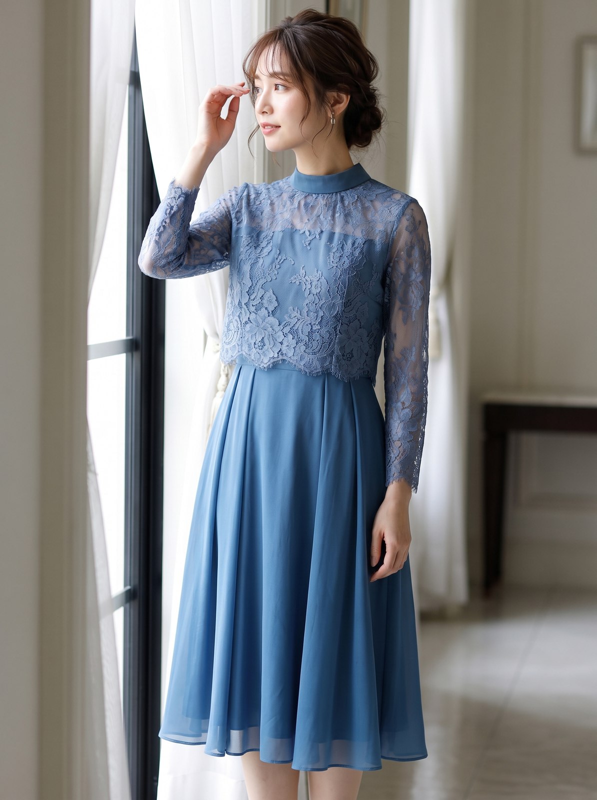 ハイカラーネック　シアースリーブ切替ワンピースドレス（その他・Sサイズ）| 名古屋のレンタルドレス24DRESS
