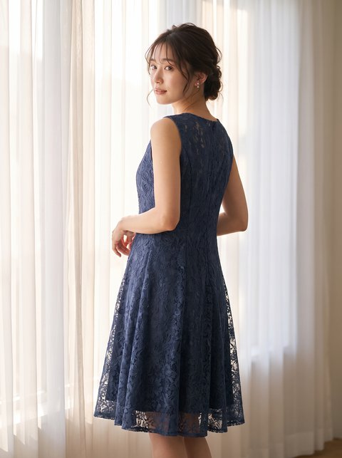 レースアップ 花柄 フレア 刺繍ドレス（ネイビー・ブルー系・Mサイズ）| 名古屋のレンタルドレス24DRESS