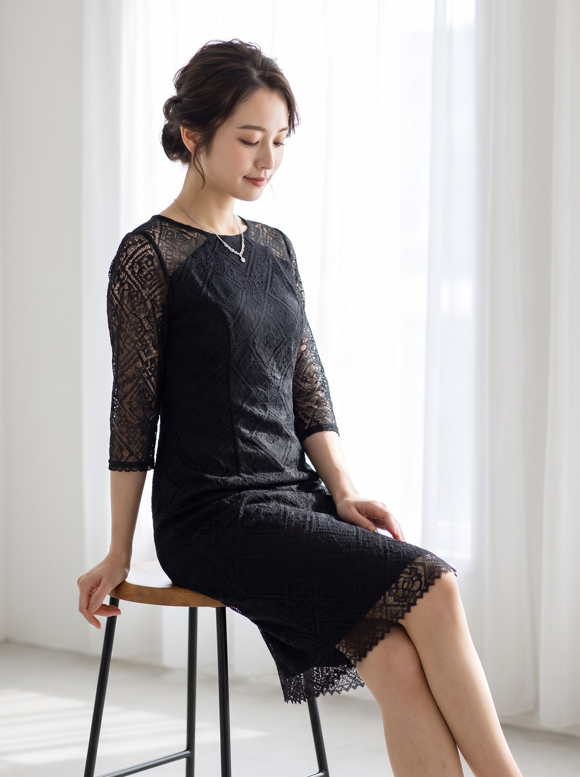 Iライン 透け感 七分丈ドレス(黒(ブラック)・Mサイズ)| 名古屋のレンタルドレス24DRESS