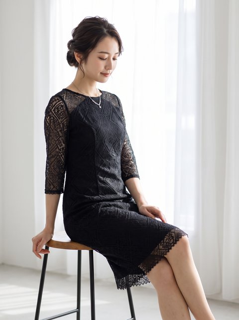 Iライン 透け感 七分丈ドレス(黒(ブラック)・Mサイズ)| 名古屋のレンタルドレス24DRESS