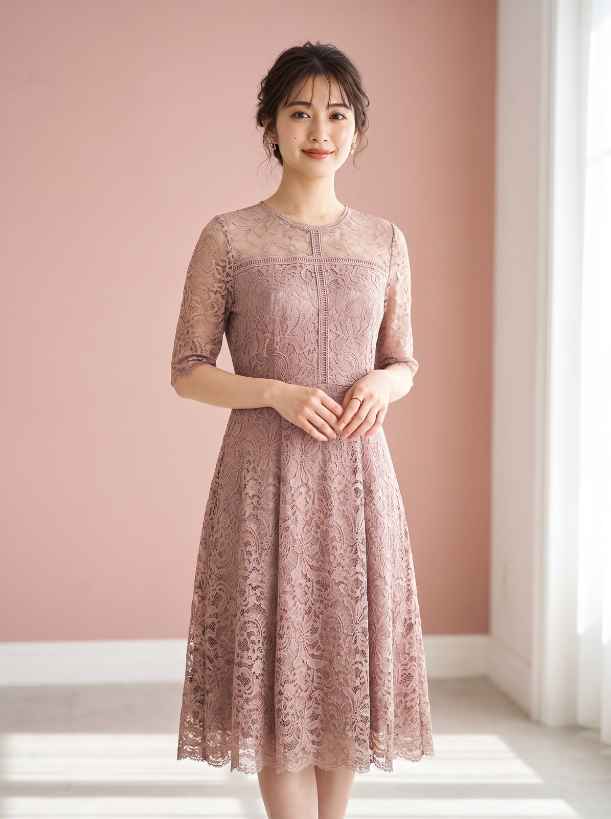 ソフトオールレースドレス（レッド・ピンク系・Mサイズ）| 名古屋のレンタルドレス24DRESS