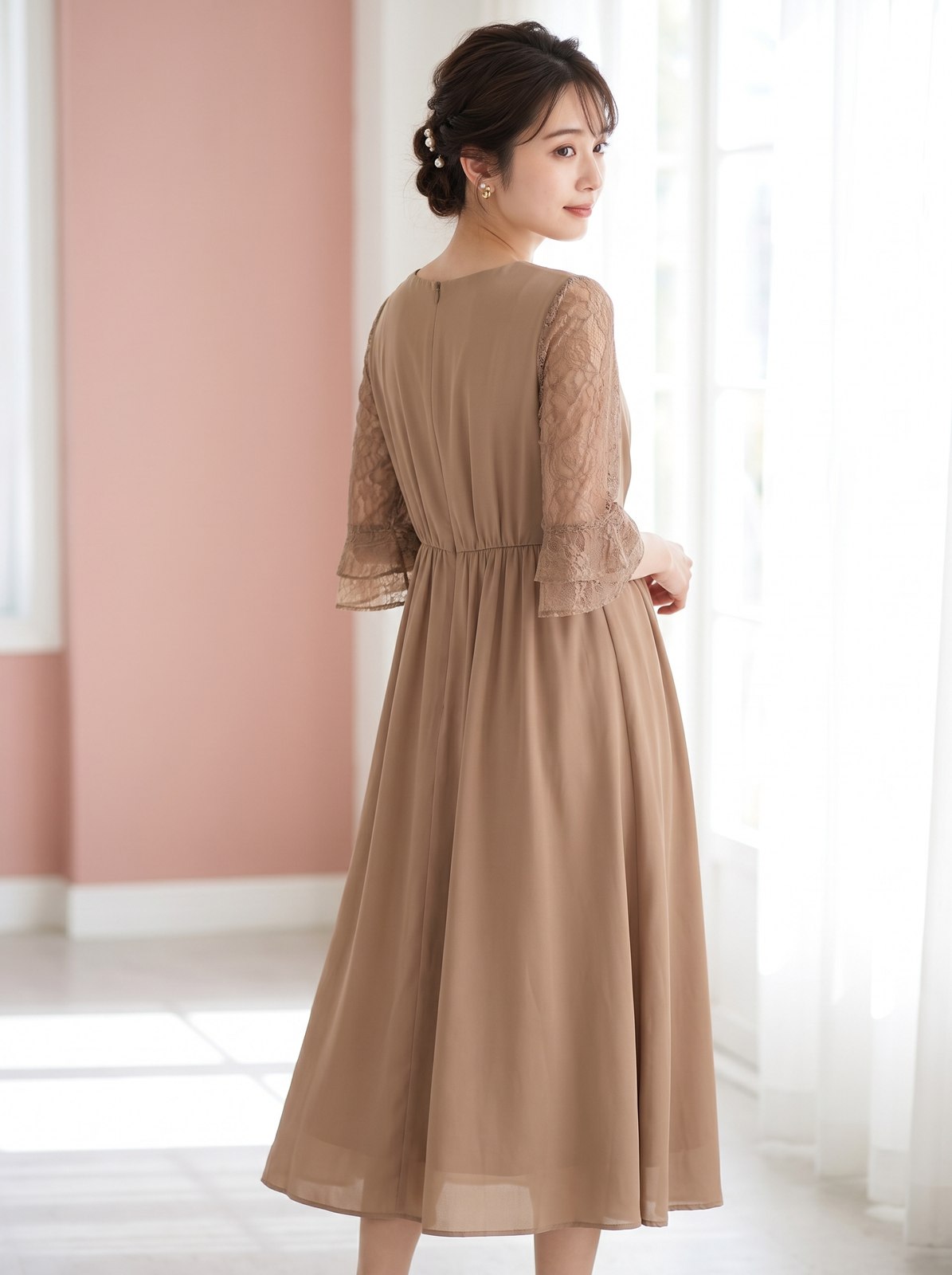 袖レース ロングワンピースドレス（ブラウン・ベージュ系・XLサイズ）| 名古屋のレンタルドレス24DRESS