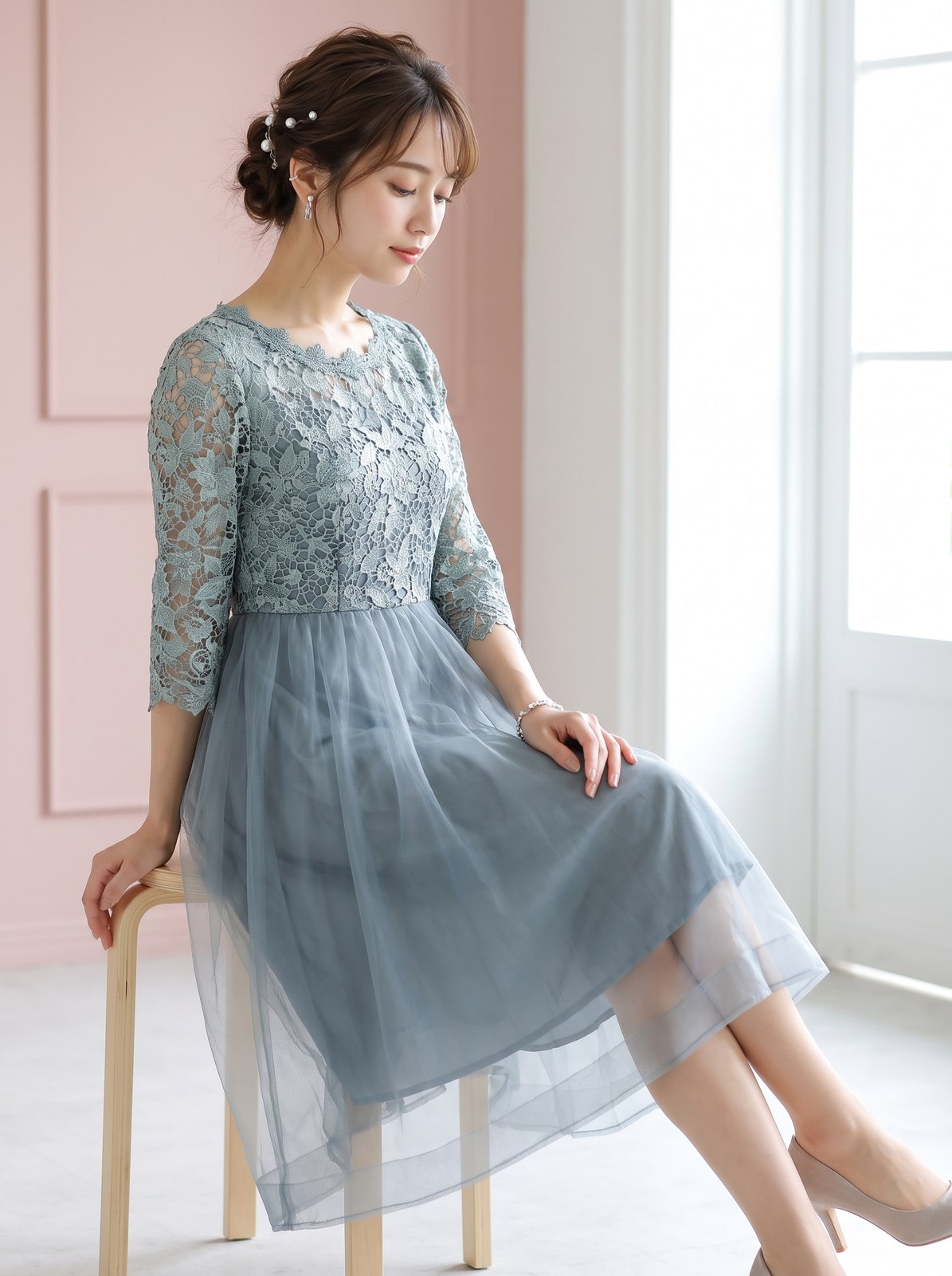 フラワーレース×チュール切り替え ワンピースドレス（ネイビー・ブルー系・Mサイズ）| 名古屋のレンタルドレス24DRESS