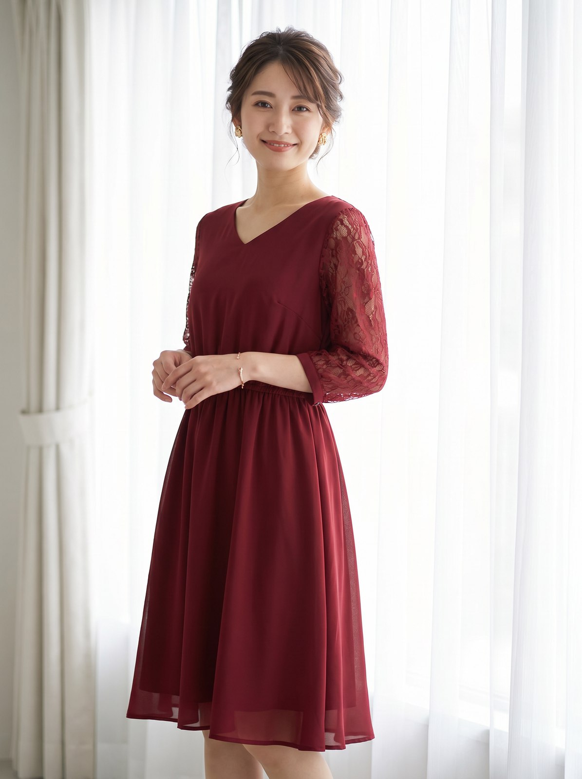 シフォン レーススリーブパーティードレス（レッド・ピンク系・Mサイズ）| 名古屋のレンタルドレス24DRESS