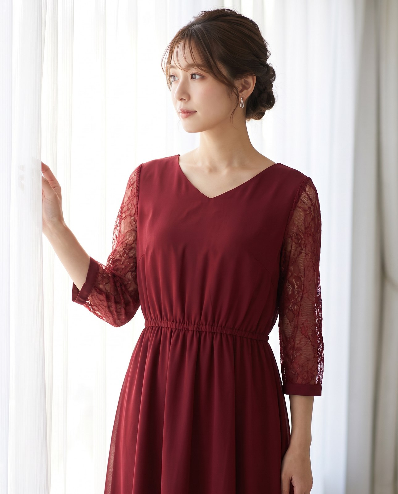 シフォン レーススリーブパーティードレス（レッド・ピンク系・Mサイズ）| 名古屋のレンタルドレス24DRESS 写真2