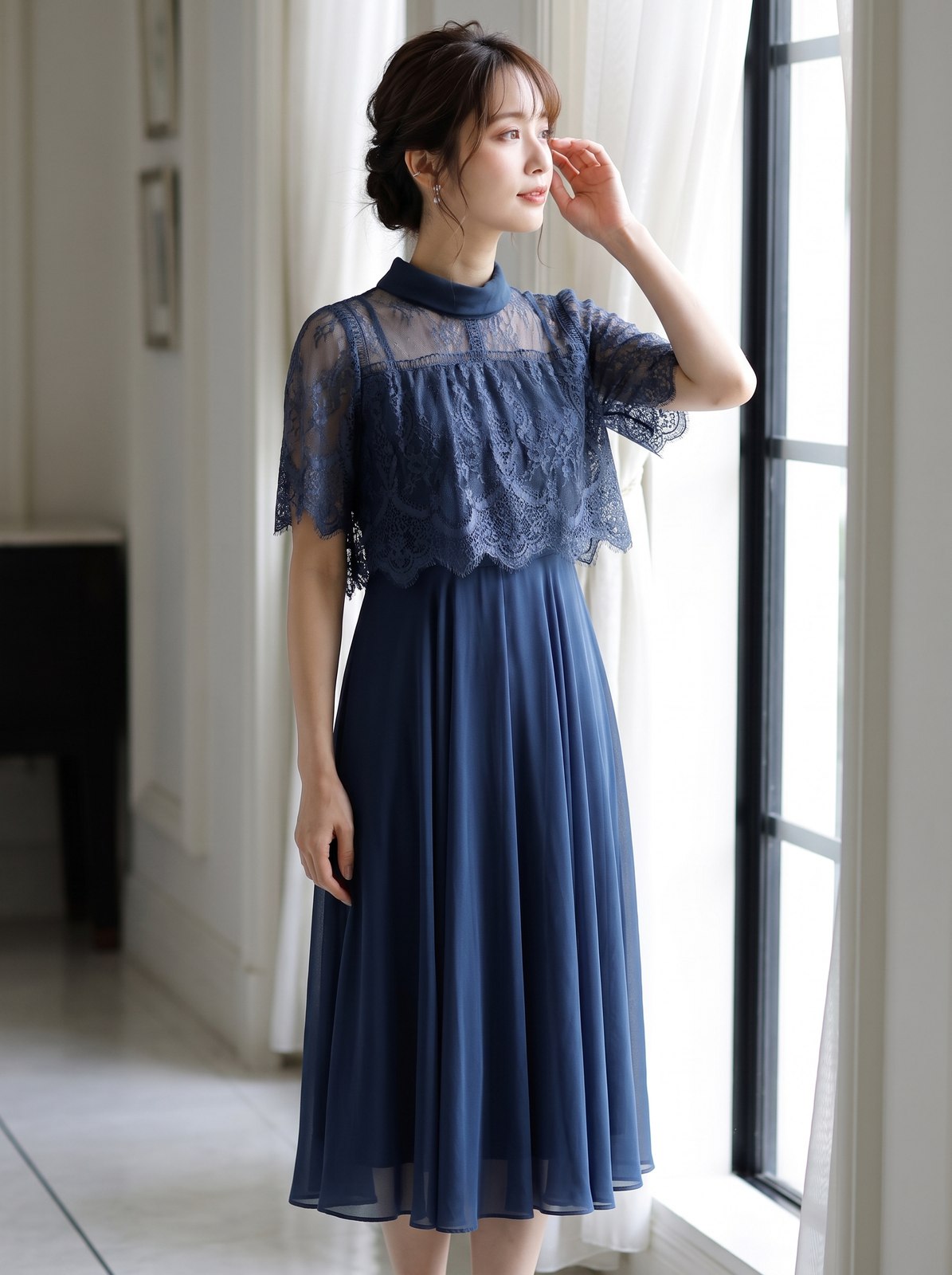 半袖レースフレアパーティーミモレ丈ドレスワンピース(ネイビー・ブルー系・Sサイズ)| 名古屋のレンタルドレス24DRESS