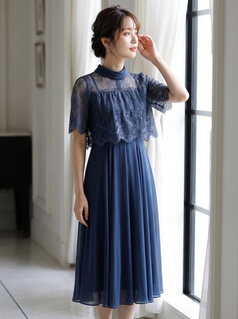 半袖レースフレアパーティーミモレ丈ドレスワンピース(ネイビー・ブルー系・Sサイズ)| 名古屋のレンタルドレス24DRESS