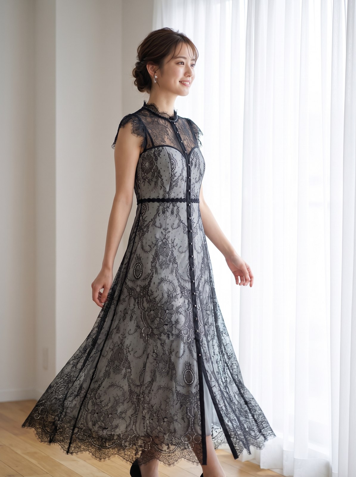 総レース ロングパーティードレス（ネイビー・ブルー系・XLサイズ）| 名古屋のレンタルドレス24DRESS