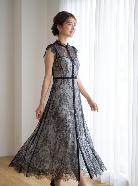 総レース ロングパーティードレス（ネイビー・ブルー系・XLサイズ）| 名古屋のレンタルドレス24DRESS