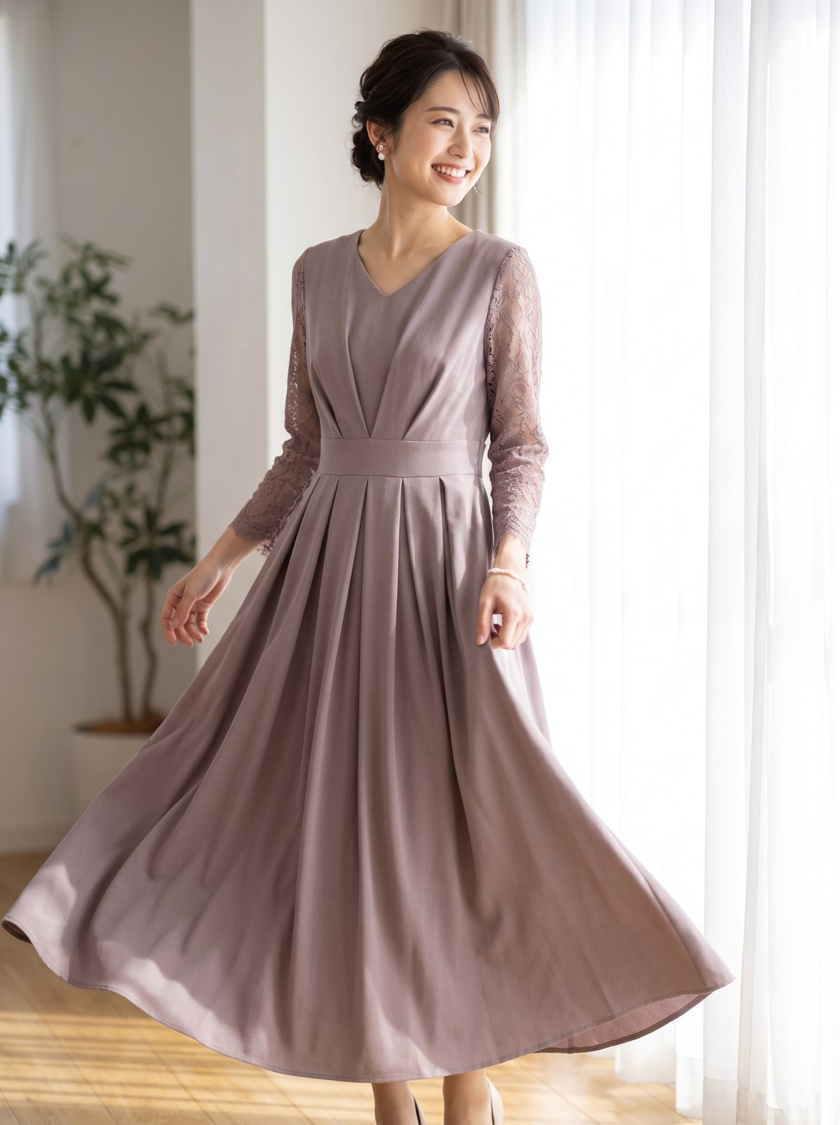 タックデザイン レーススリーブドレス（その他・Mサイズ）| 名古屋のレンタルドレス24DRESS
