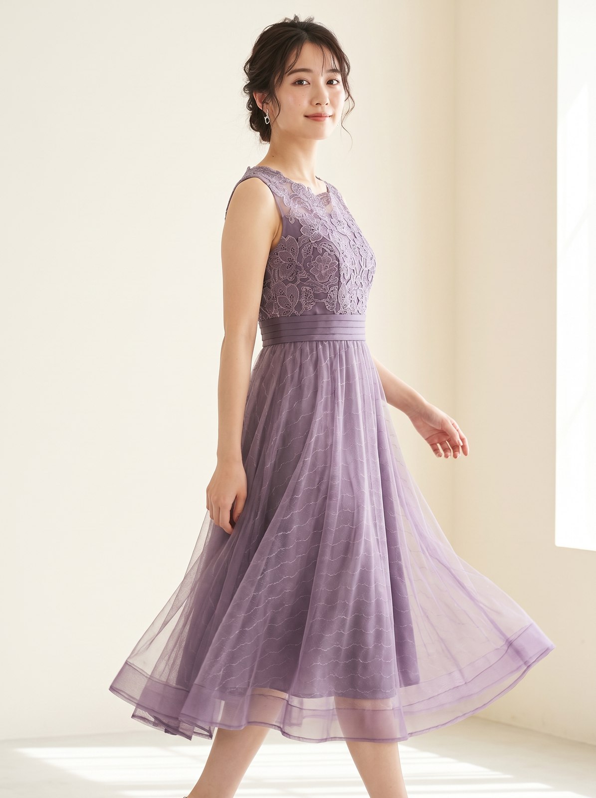 レース×ラメ入りシフォンウエスト切り替え結婚式ワンピースドレス(その他・Sサイズ)| 名古屋のレンタルドレス24DRESS