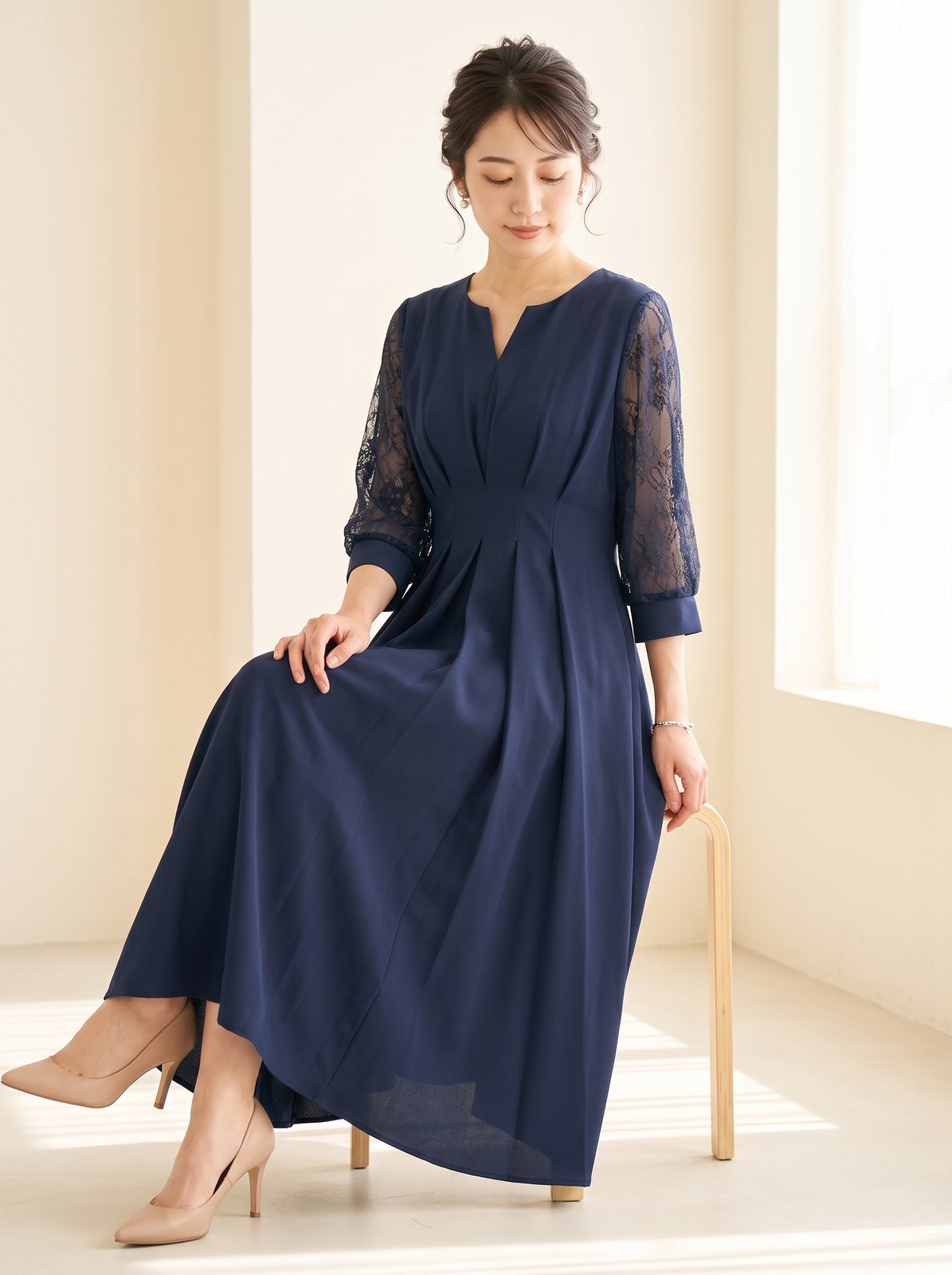 レーススリーブXラインキーネック結婚式ワンピースドレス(ネイビー・ブルー系・Lサイズ)| 名古屋のレンタルドレス24DRESS