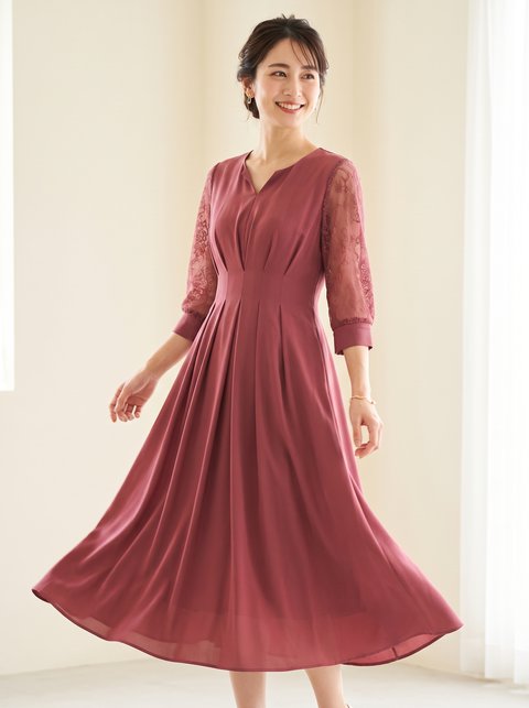 レーススリーブXラインキーネック結婚式ワンピースドレス(レッド・ピンク系・Mサイズ)| 名古屋のレンタルドレス24DRESS