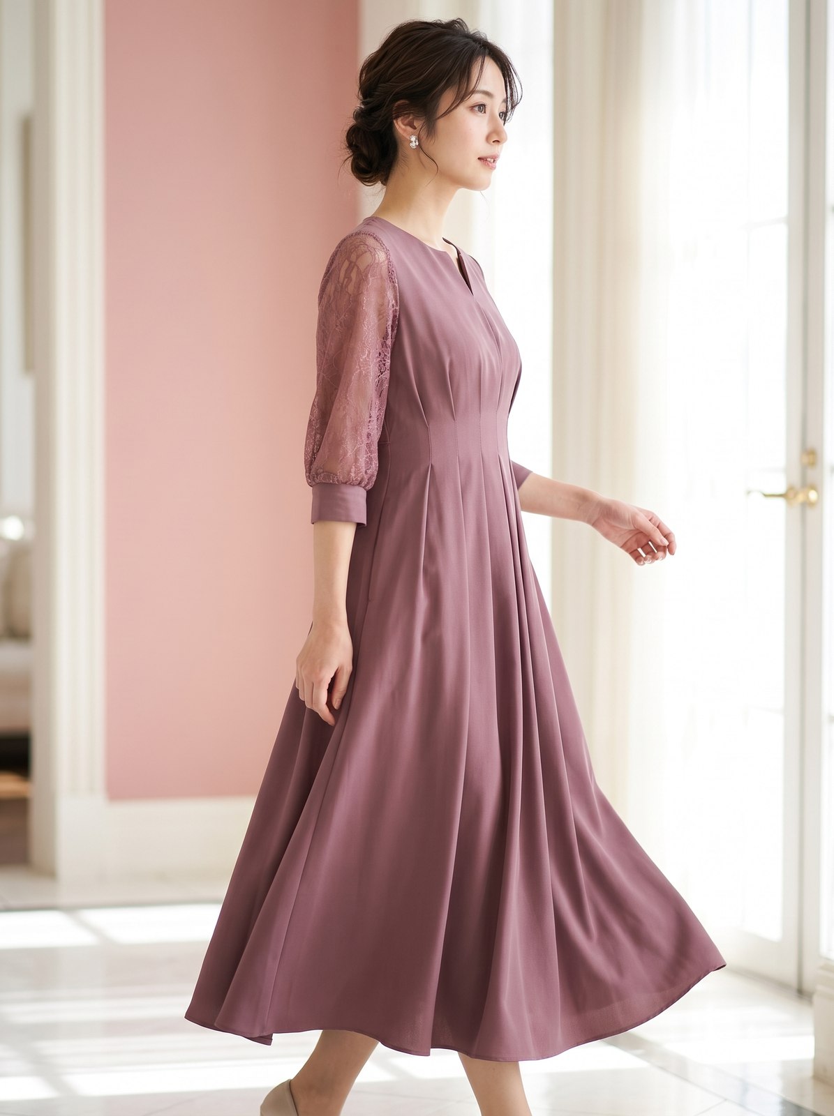 レーススリーブXラインキーネック結婚式ワンピースドレス（その他・Sサイズ）| 名古屋のレンタルドレス24DRESS