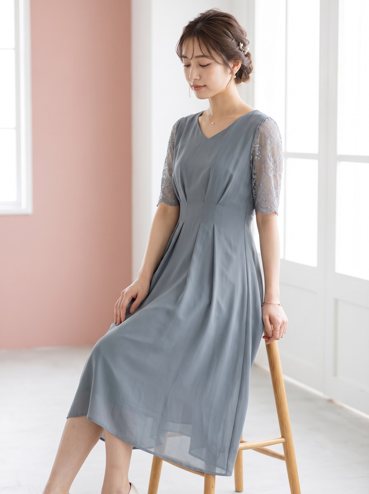 レーススリーブ タックデザインドレス(その他・Lサイズ)| 名古屋のレンタルドレス24DRESS