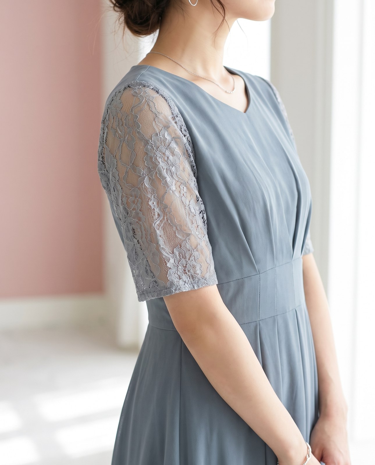レーススリーブ タックデザインドレス（その他・Lサイズ）| 名古屋のレンタルドレス24DRESS 写真2