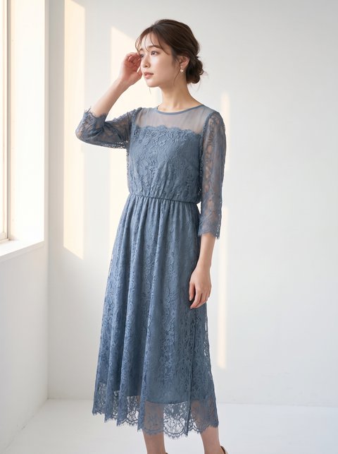 チュール×パネルレースドレス（ネイビー・ブルー系・Mサイズ）| 名古屋のレンタルドレス24DRESS
