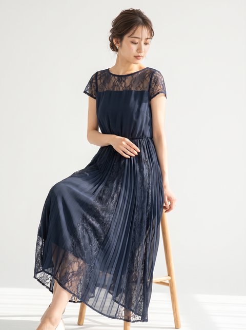 フレンチスリーブ レース×プリーツドレス(その他・XLサイズ)| 名古屋のレンタルドレス24DRESS
