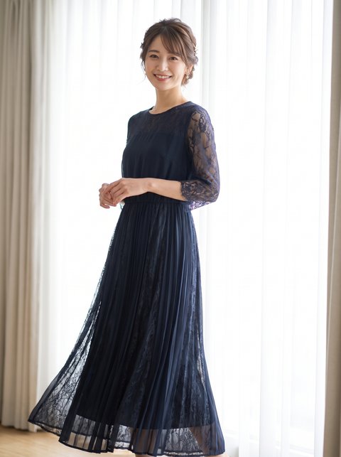 レーススリーブ プリーツレイヤードドレス（その他・Sサイズ）| 名古屋のレンタルドレス24DRESS