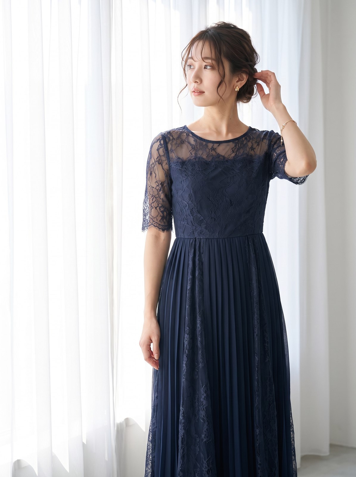 レース×プリーツ切り替え 五分袖ドレス（その他・Lサイズ）| 名古屋のレンタルドレス24DRESS