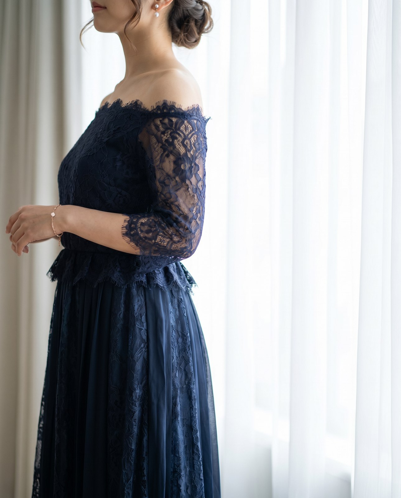レース×プリーツ切り替え 五分袖ドレス（その他・Lサイズ）| 名古屋のレンタルドレス24DRESS 写真2