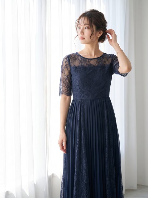 レース×プリーツ切り替え 五分袖ドレス(その他・Lサイズ)| 名古屋のレンタルドレス24DRESS