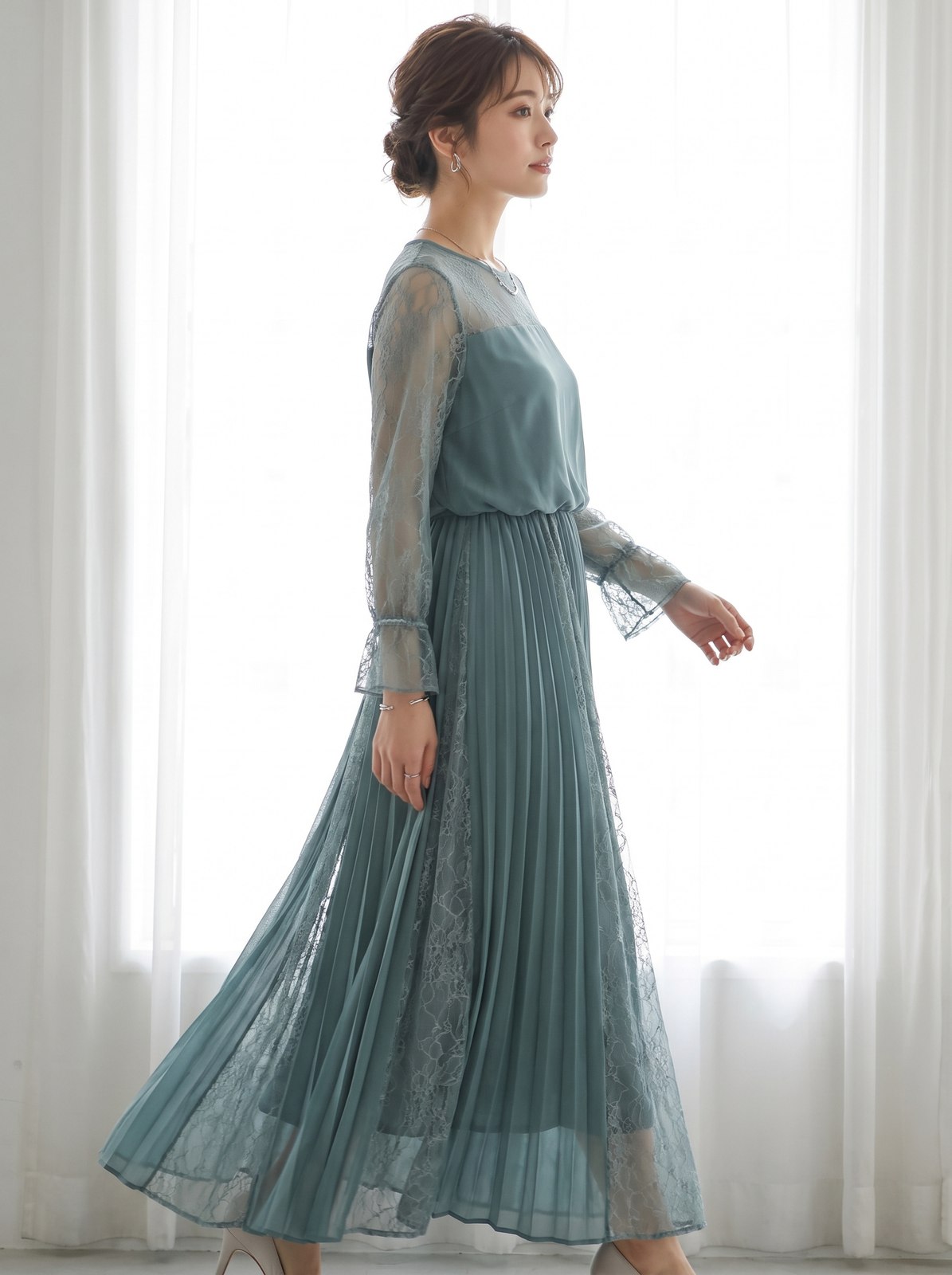 袖口フリル レース×プリーツロングドレス(その他・Lサイズ)| 名古屋のレンタルドレス24DRESS