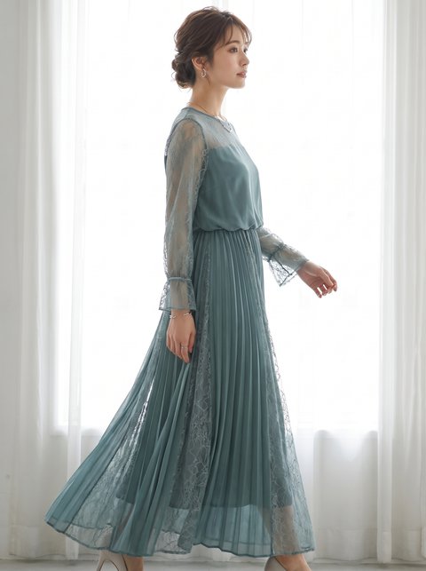 袖口フリル レース×プリーツロングドレス（その他・Lサイズ）| 名古屋のレンタルドレス24DRESS
