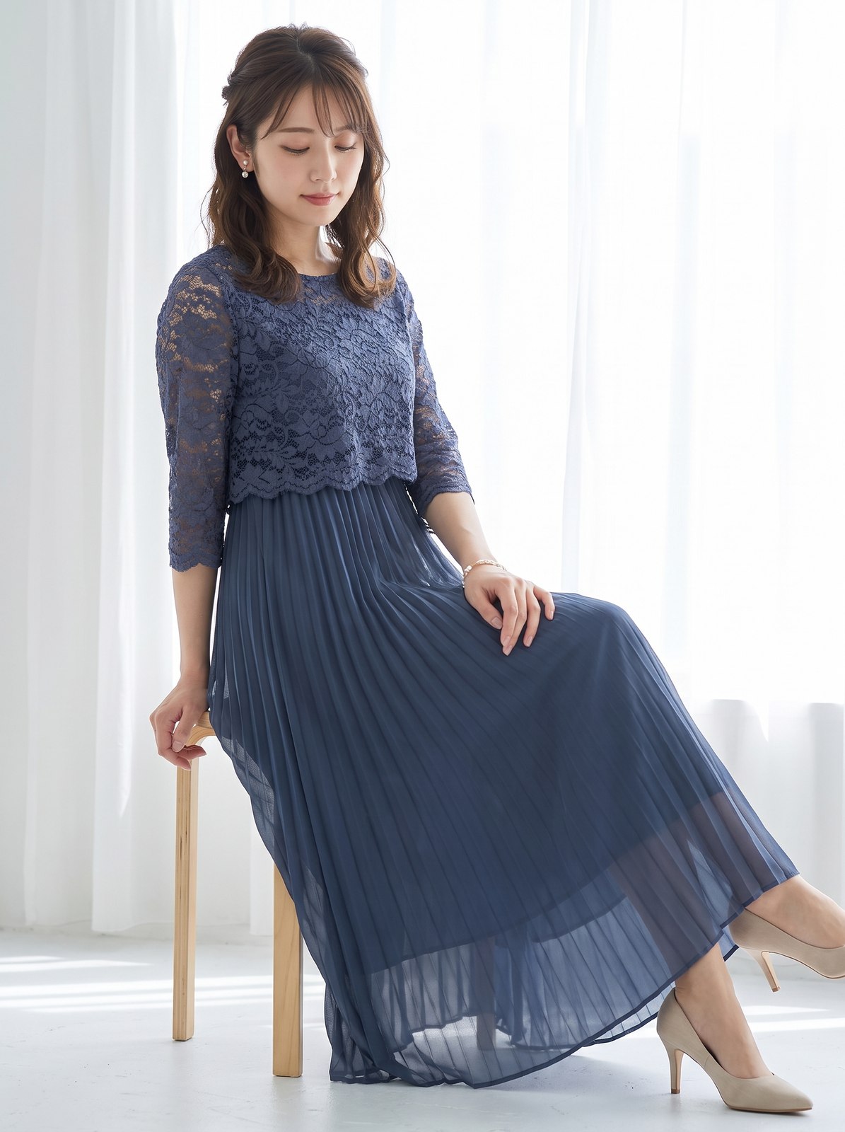 レースレイヤードロングドレス(ネイビー・ブルー系・Lサイズ)| 名古屋のレンタルドレス24DRESS